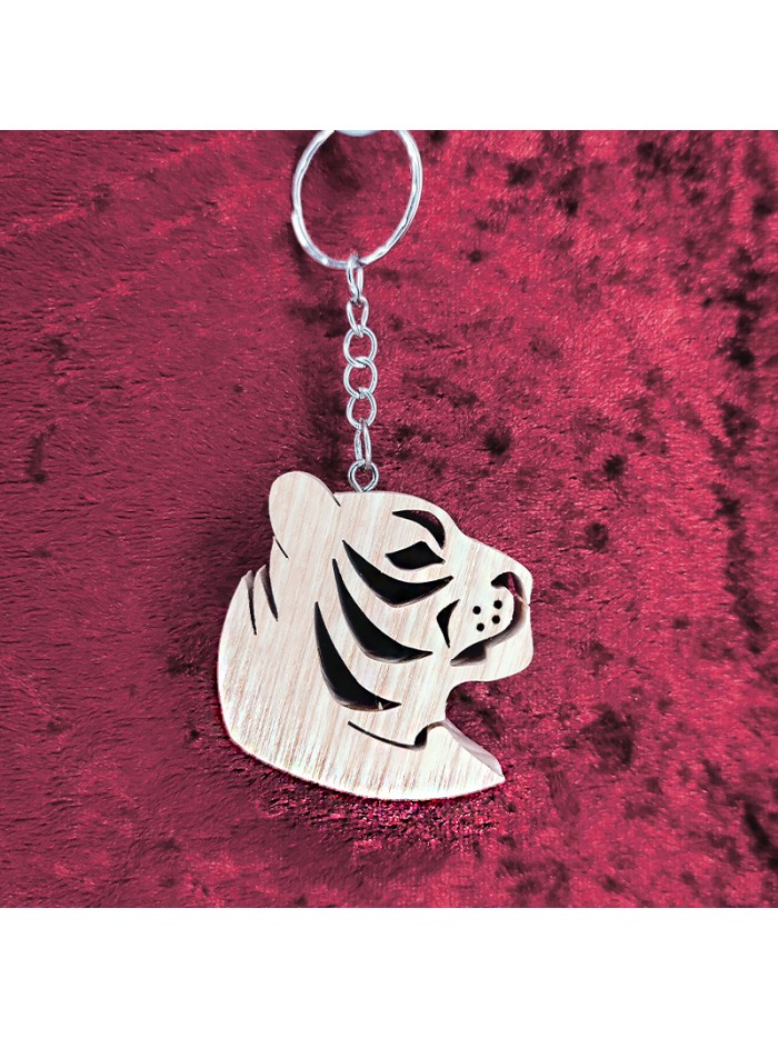 porte clés bois d'une tête de tigre