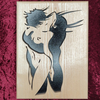 Tableau en bois noble d’une fille ange et un homme démon