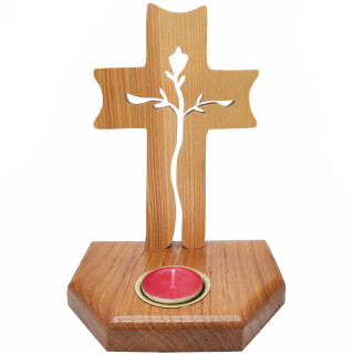 Superbe bougeoir avec une croix religieuse en frêne et chêne