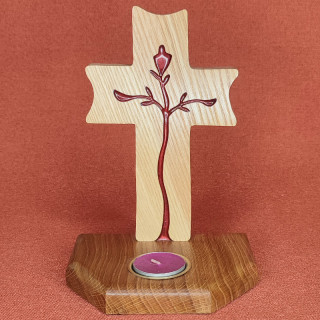 Superbe bougeoir avec une croix religieuse en frêne et chêne et résine