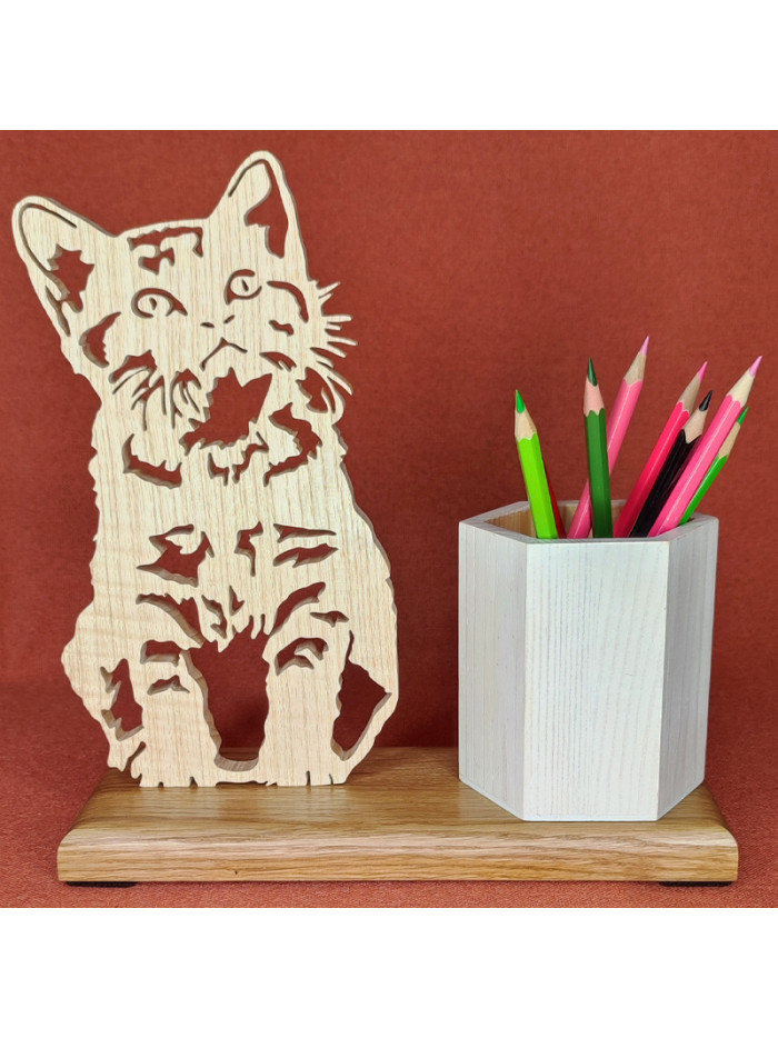 Pot à Crayons en bois D'un Chaton