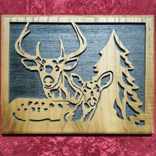 Tableau en bois noble d'une plaque de deux cerfs majestueux