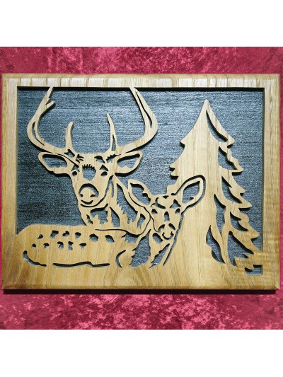 Tableau en bois noble d'une plaque de deux cerfs majestueux