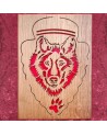 Tableau en chêne d'une tête d'un  loup magnifique sur un fond rouge