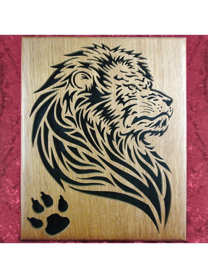 Tableau bois d'une Tête de lion de profil