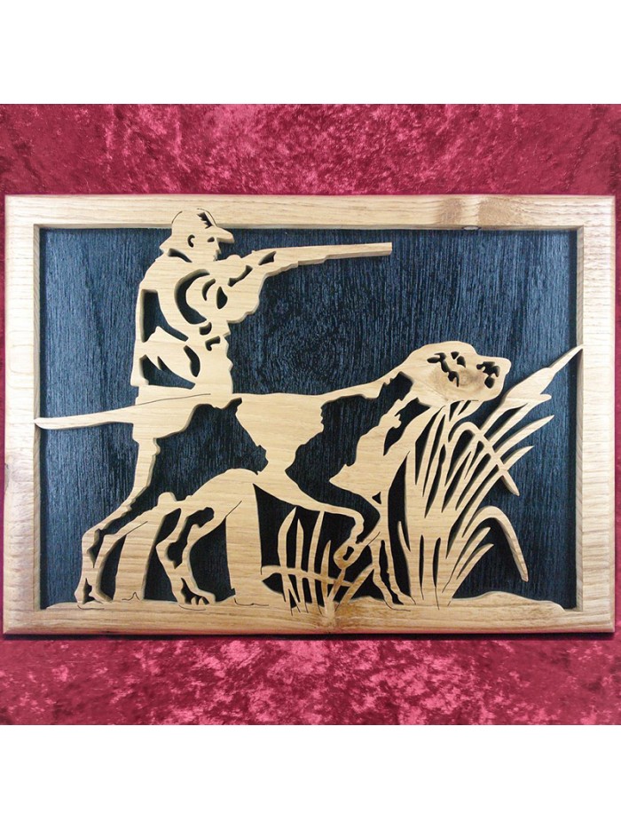 tableau bois d'un chasseur avec son chien