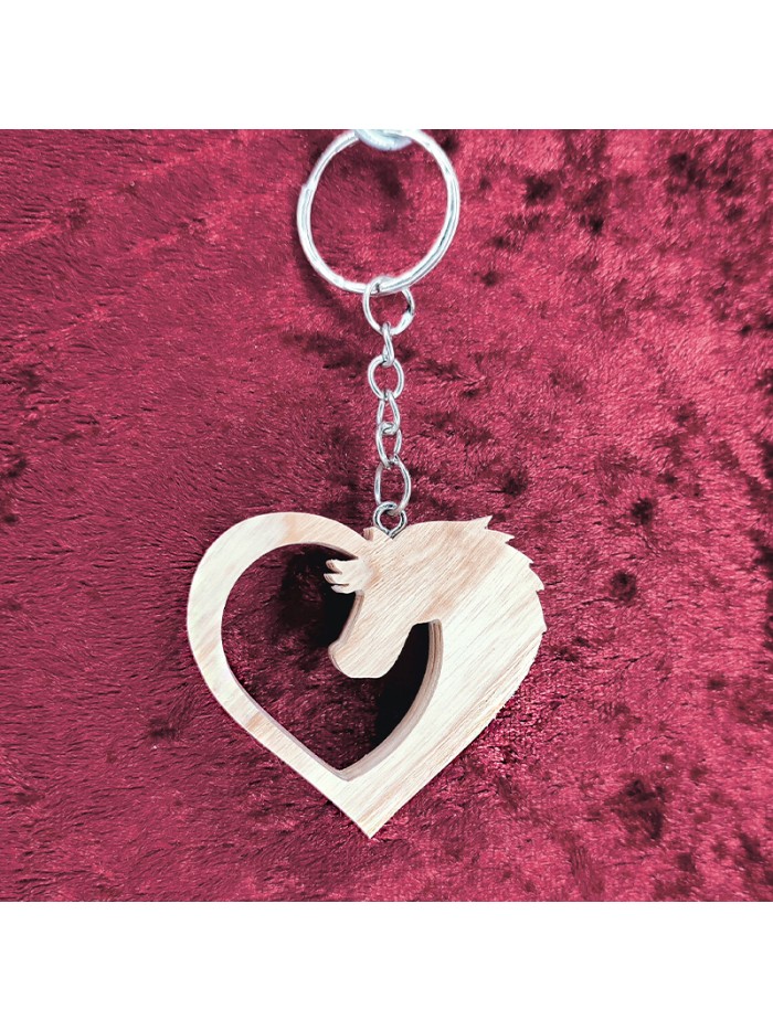 Porte clés bois d'un cœur avec une tête de cheval